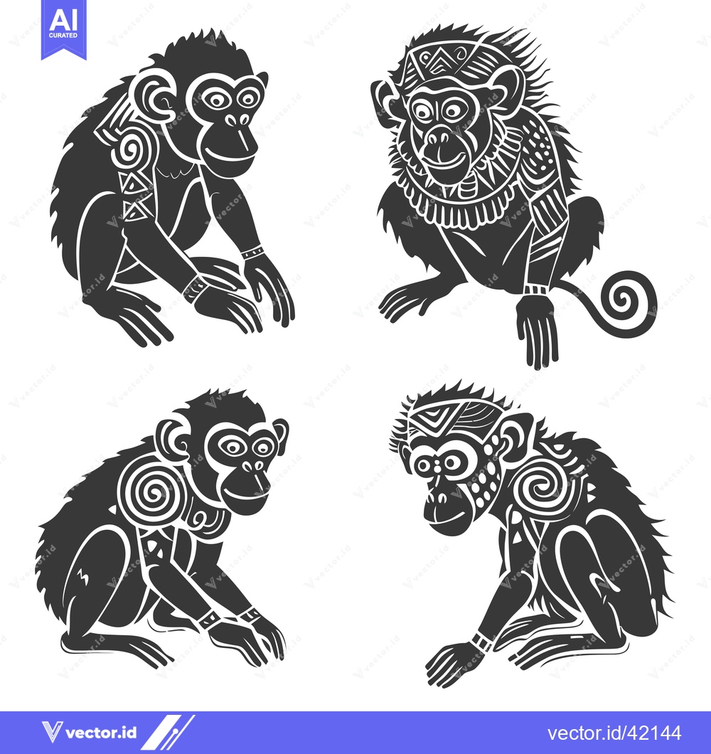 Premium Vector dari Four Ornate Black and White Monkeys in Sitting Poses
