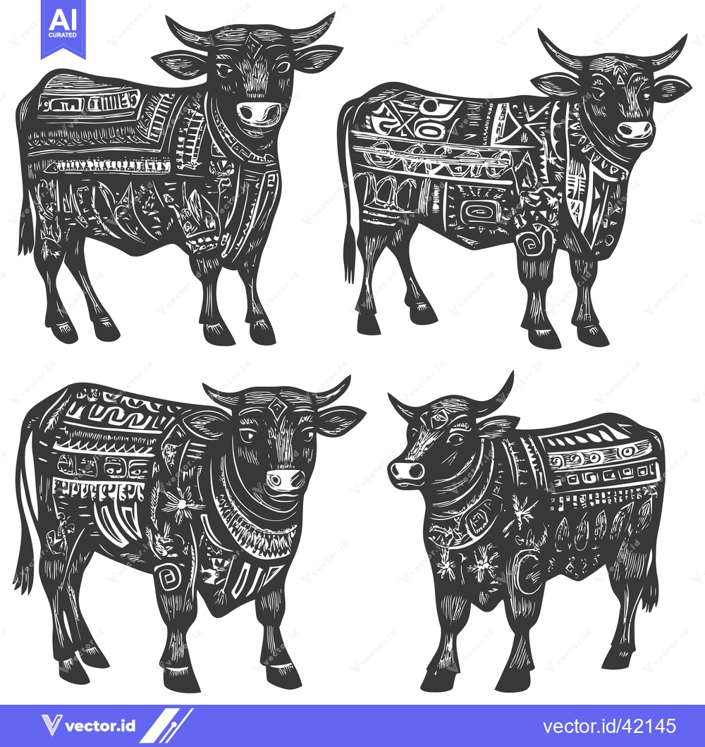Premium Vector dari Four Ornate Black Bulls with Detailed Patterns