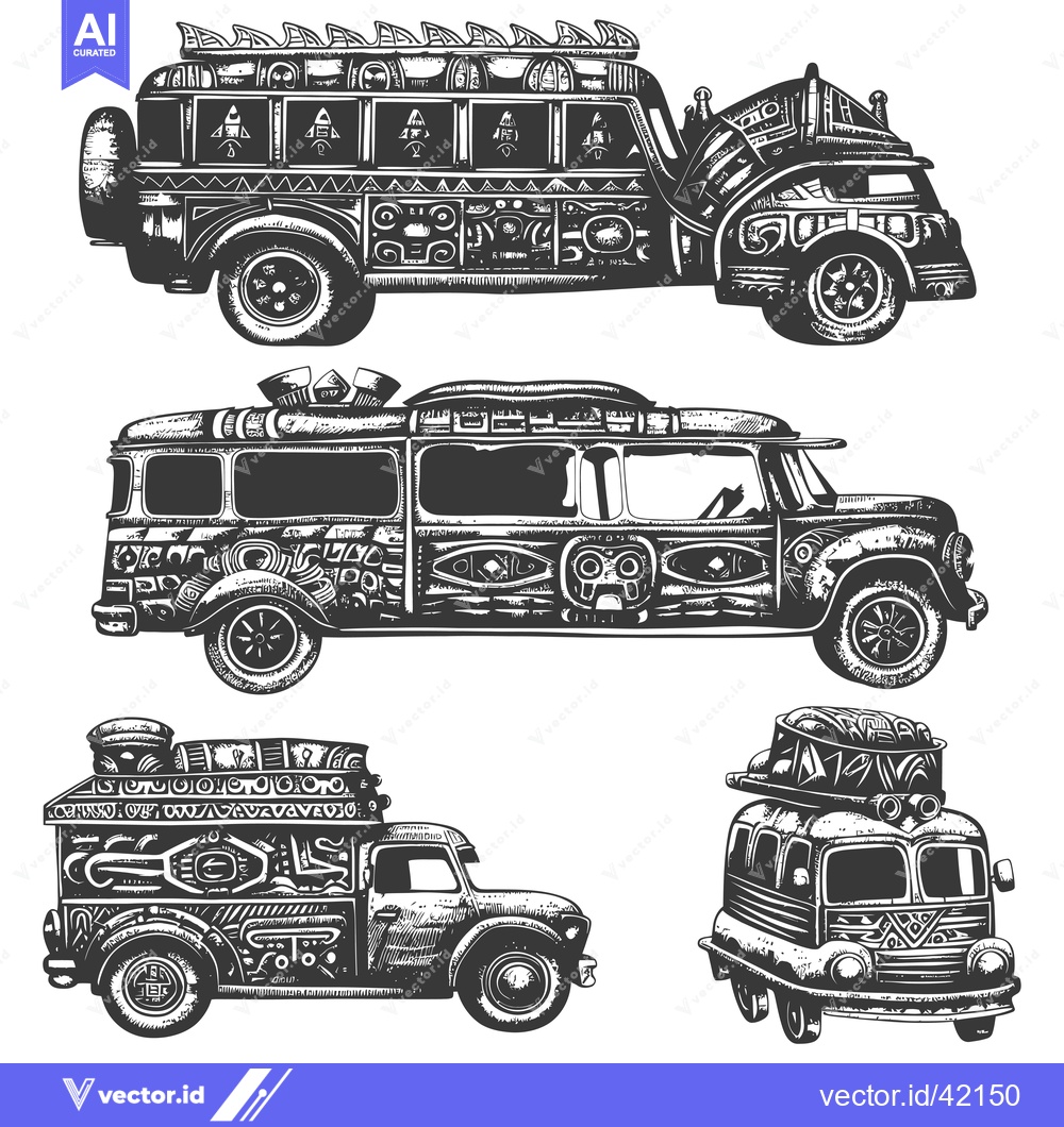 Premium Vector of Four Ornate Vintage Buses With Tribal Designs