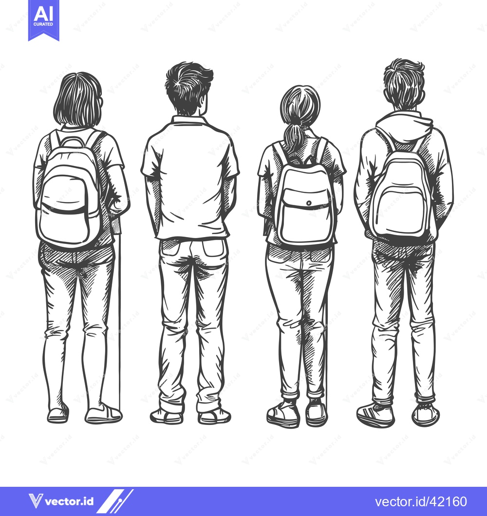 Premium Vector of Four People Standing Back to Back with Backpacks