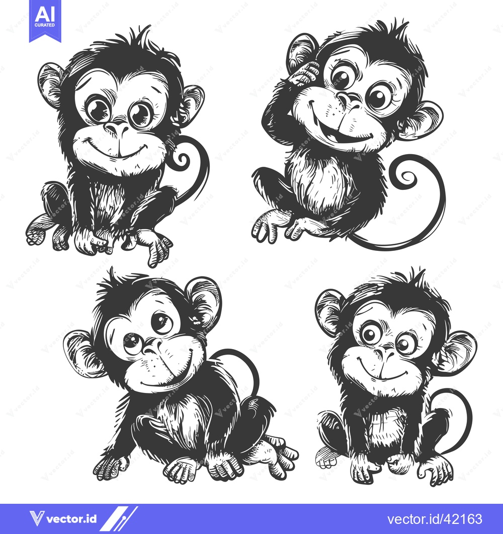 Premium Vector of Four Playful Cartoon Monkeys in Black and White
