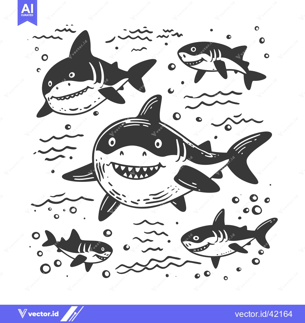 Premium Vector of Four Sharks Swimming Underwater with Bubbles and Waves