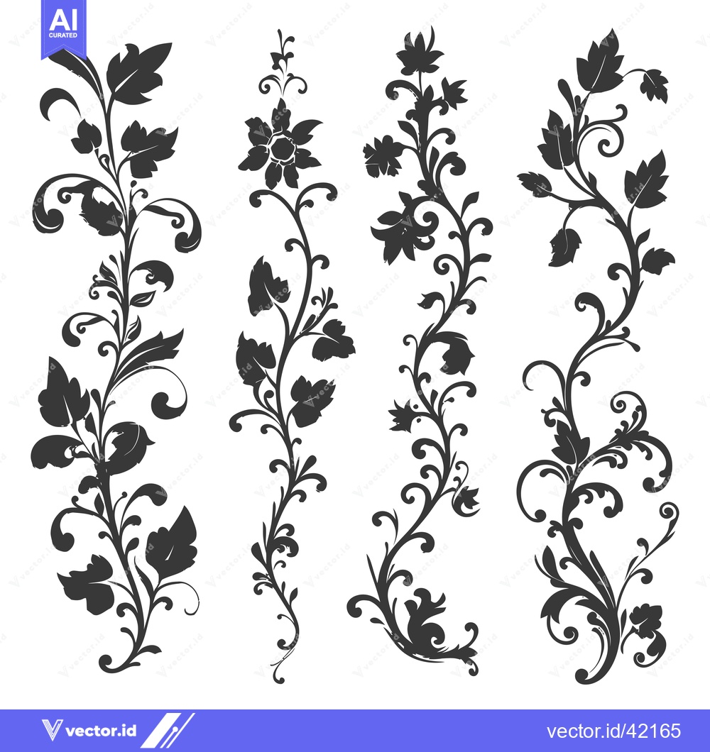Premium Vector dari Four Silhouette Floral Designs with Swirls and Leaves