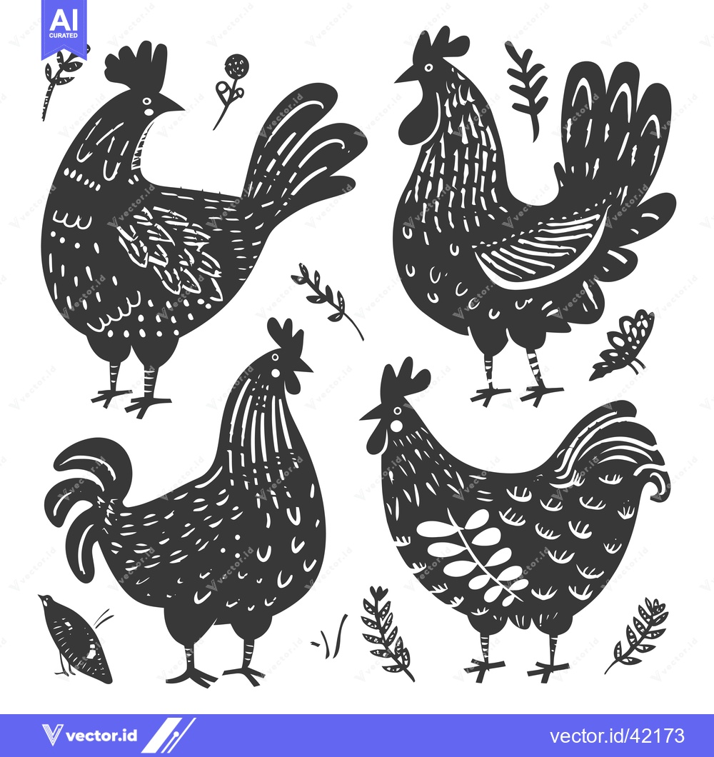 Premium Vector dari Four Silhouettes of Stylized Roosters with Floral Elements