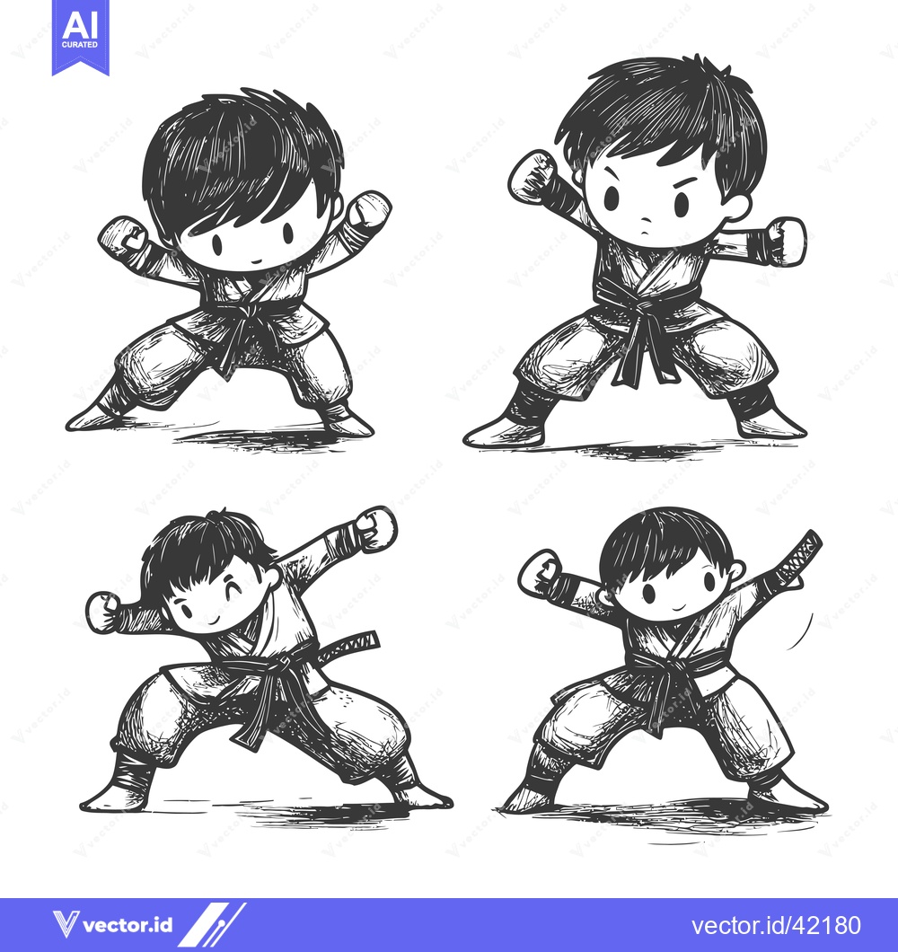 Premium Vector of Four Sketchy Drawings of Young Boys in Karate Stances