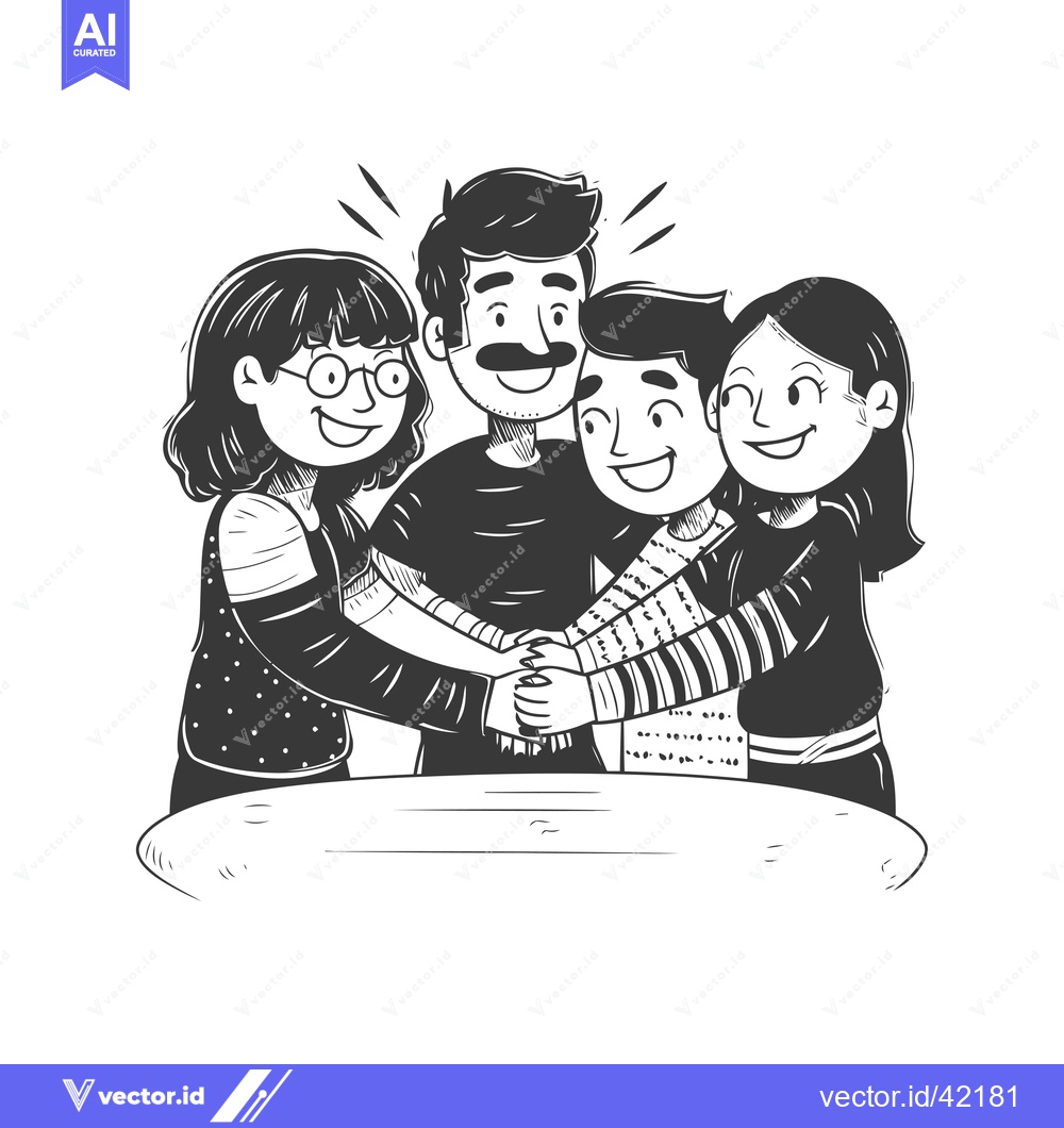 Premium Vector dari Four Smiling People Holding Hands Together in Unity