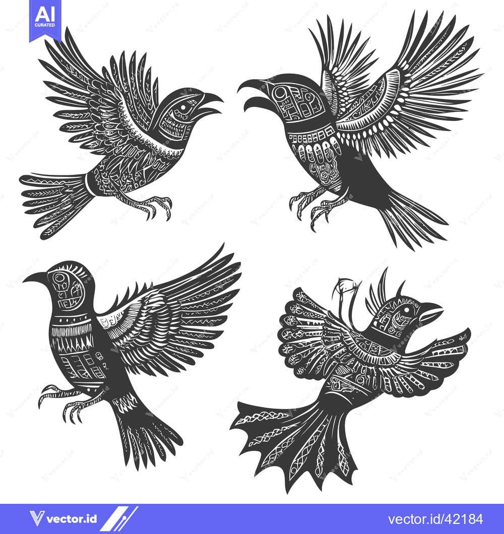 Premium Vector of Four Stylized Birds with Intricate Geometric Patterns