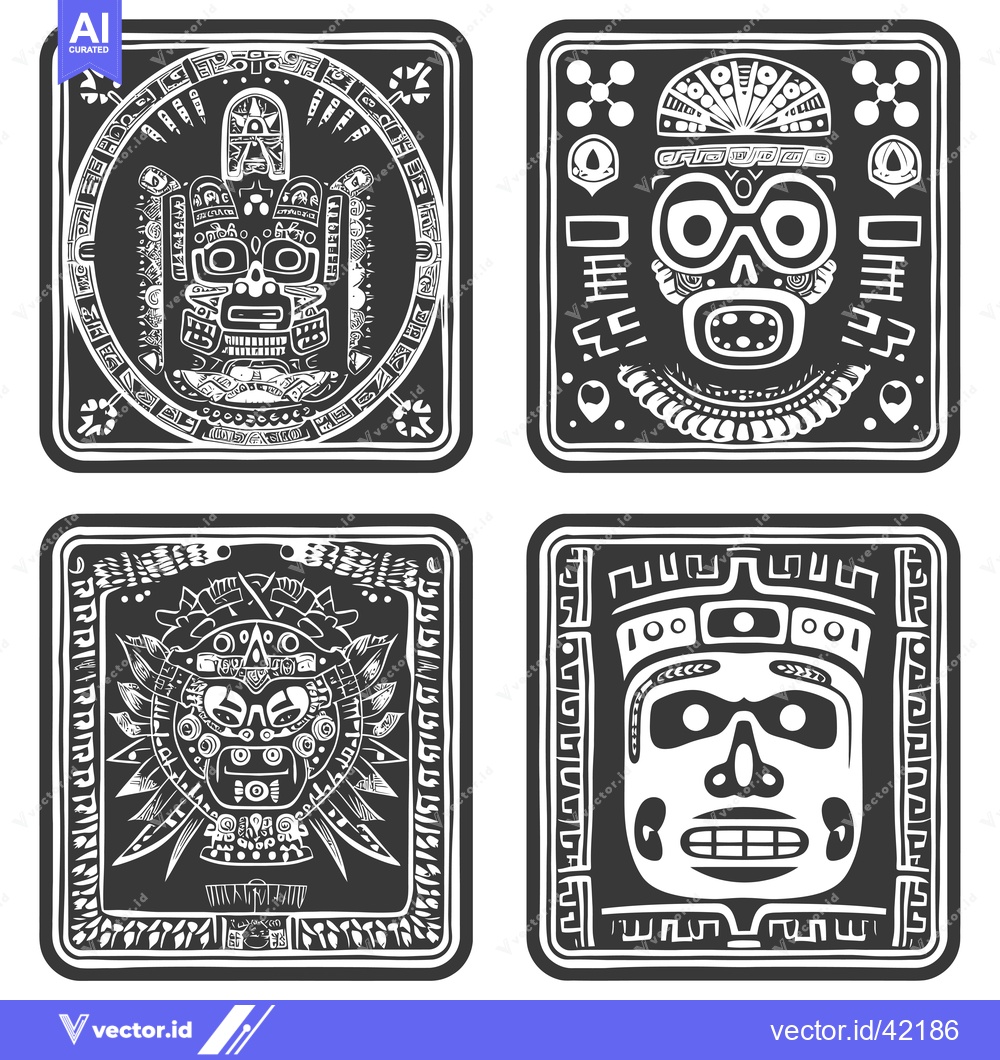 Premium Vector dari Four stylized black and white Aztec masks