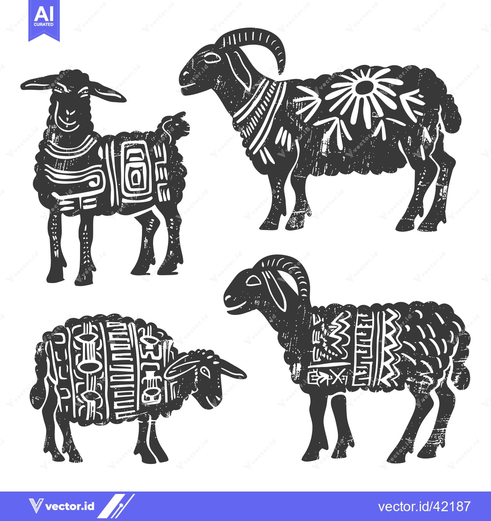Premium Vector of Four Stylized Black And White Sheep With Geometric Patterns