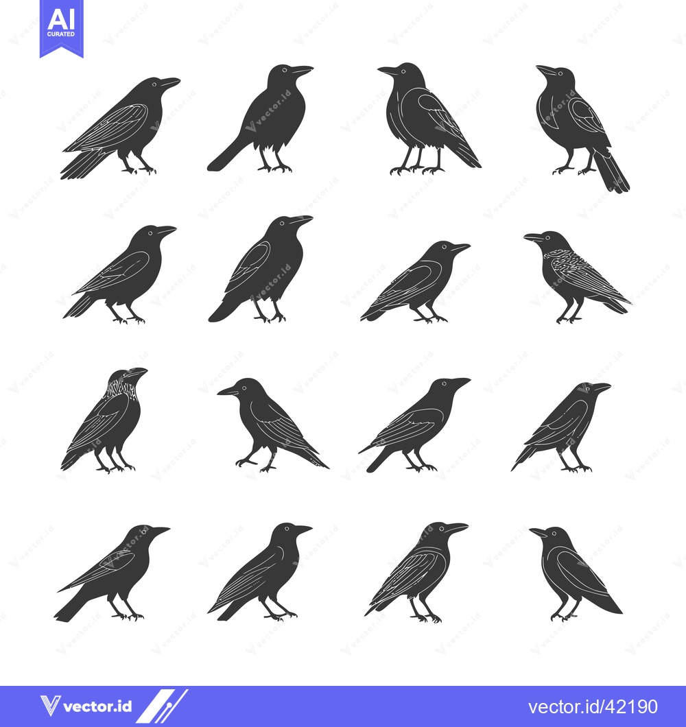 Premium Vector dari Fourteen Black and White Silhouettes of Crows in Various Poses
