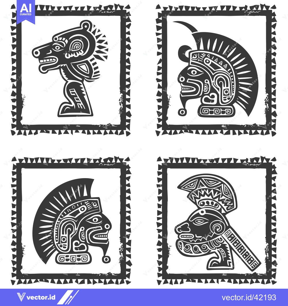 Premium Vector of Four Tribal-Style Animal and Warrior Heads with Frames
