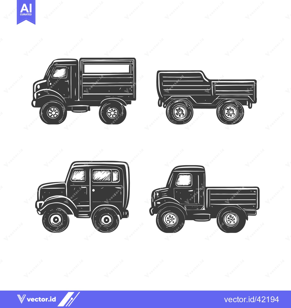 Premium Vector dari Four Vintage Truck Illustrations in Black and White