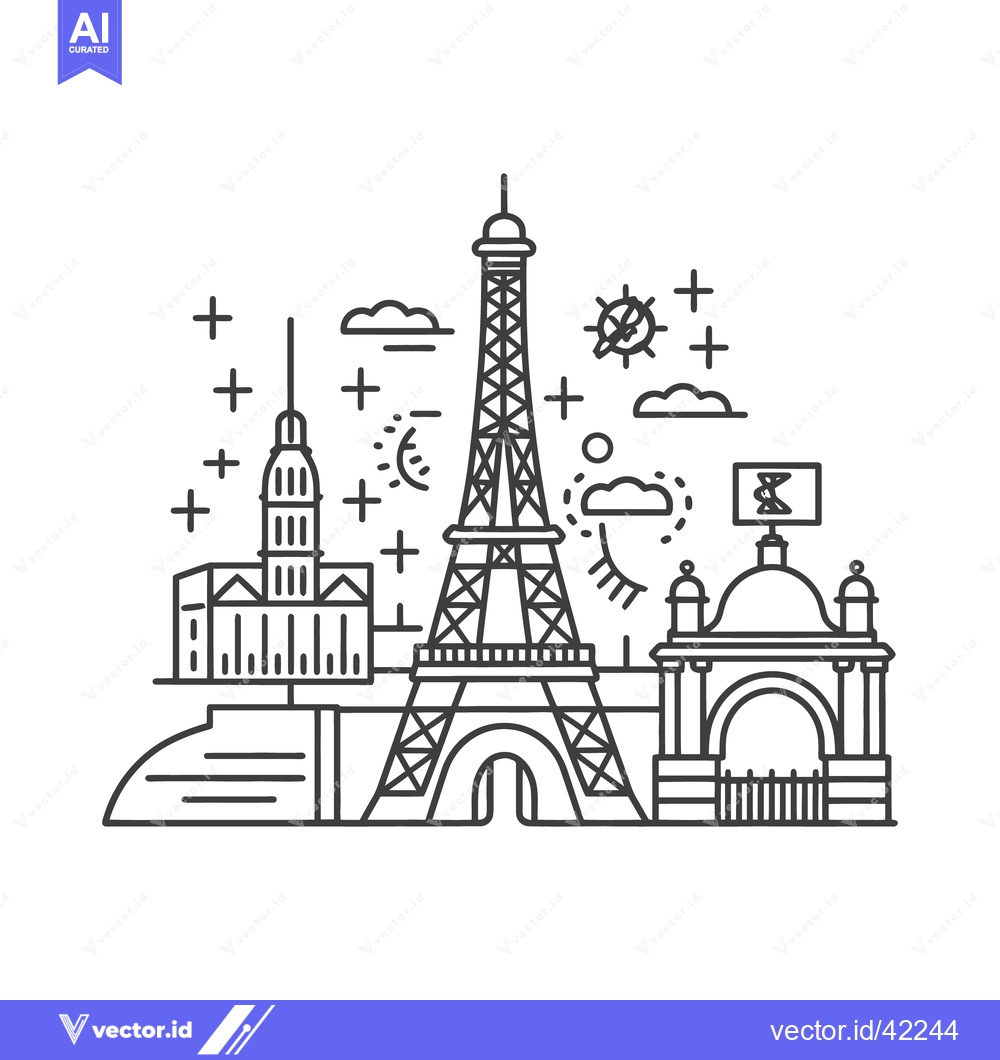 Premium Vector dari An illustrated linear artwork showing landmark buildings and decoratio