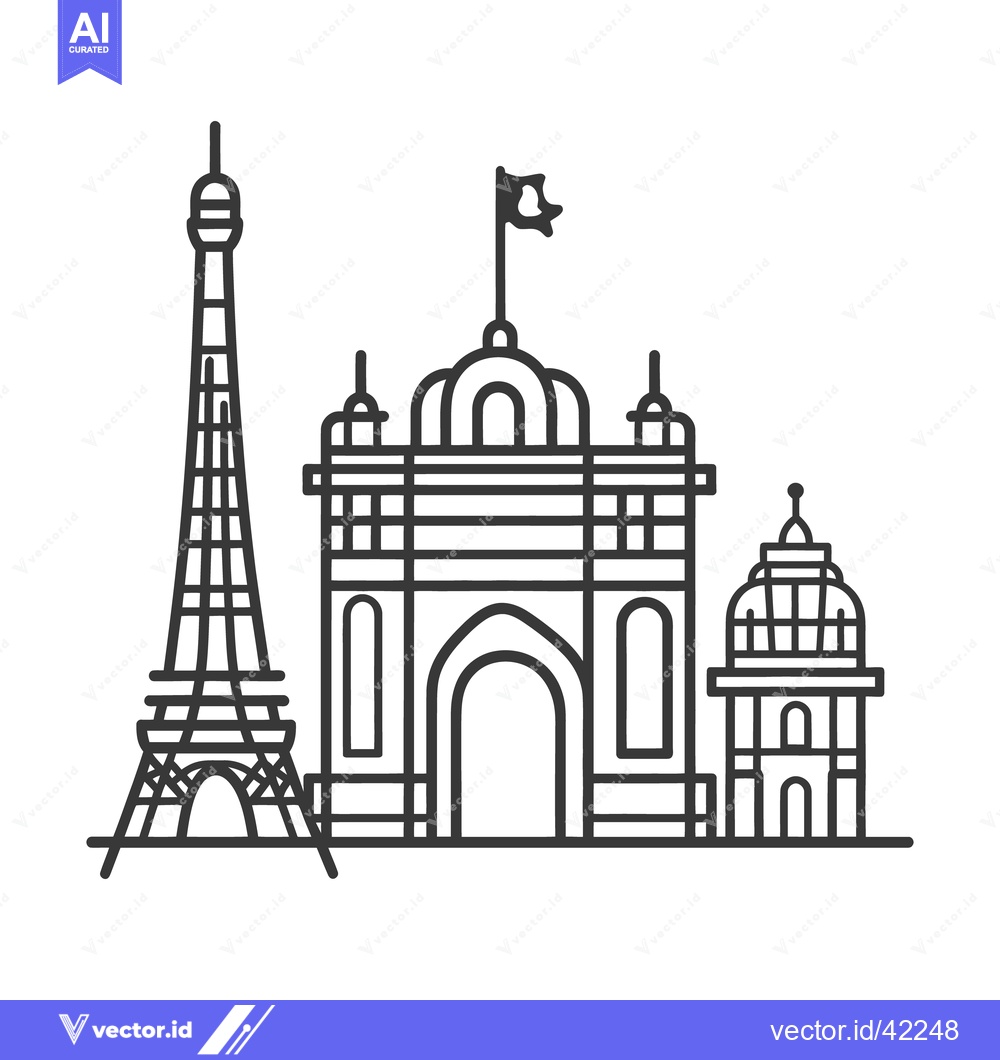 Premium Vector of Black and white linear illustrations of famous world landmarks togethe