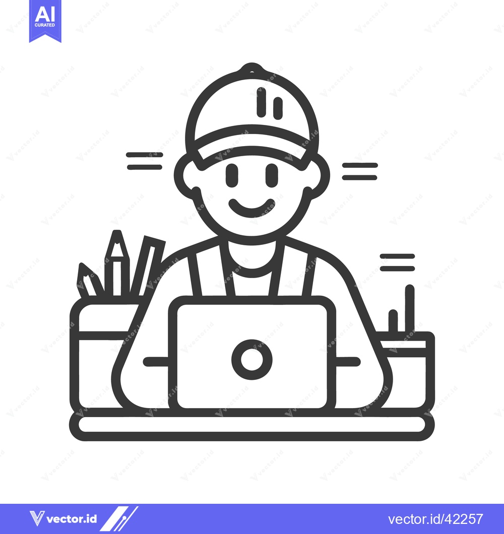 Premium Vector dari A smiling person with cap working on a laptop computer