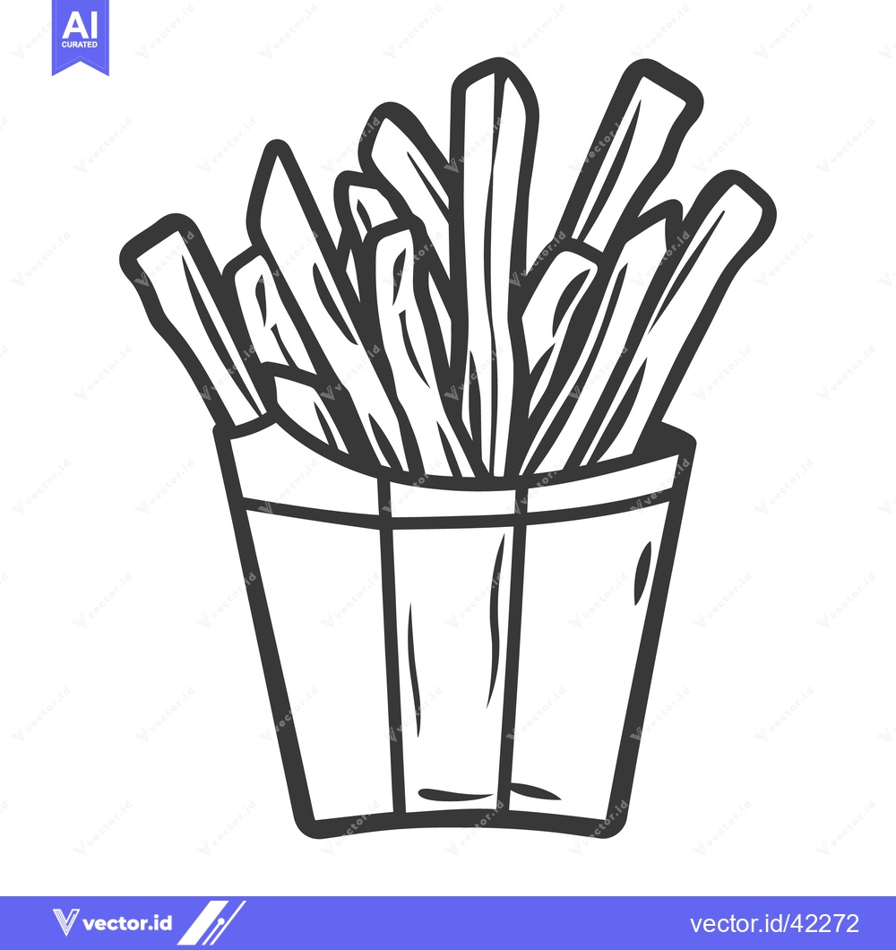 Premium Vector of A black and white illustration depicts a container of fried potatoes