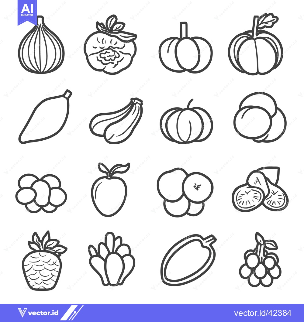 Premium Vector dari Outlined drawings showcasing varied fruits and vegetables with simple