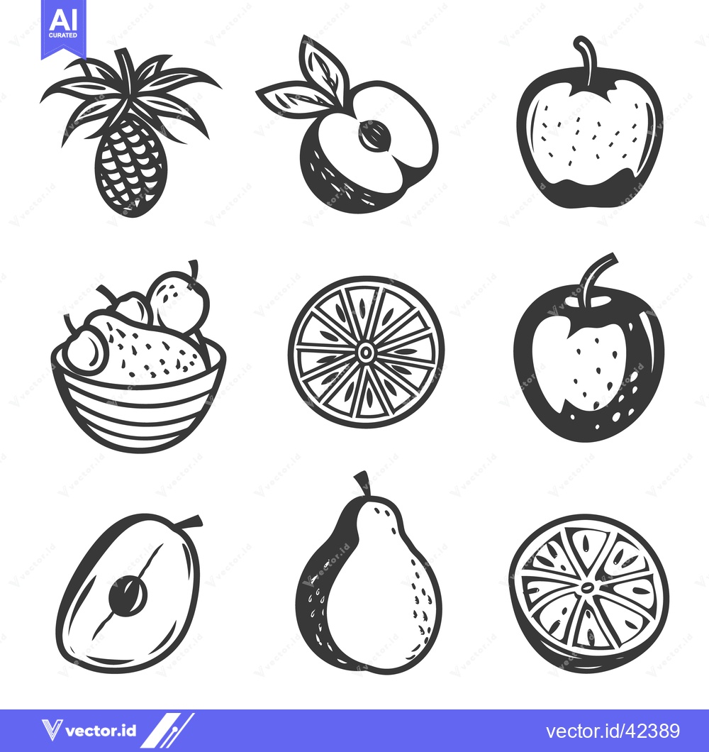 Premium Vector dari Black and white drawings illustrating various types of fresh fruits