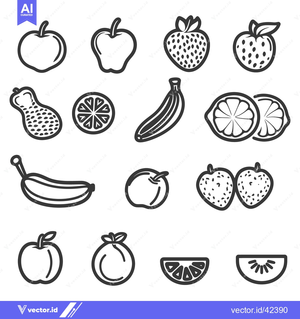 Premium Vector dari Outlined fruit illustrations depict various types and shapes of produc