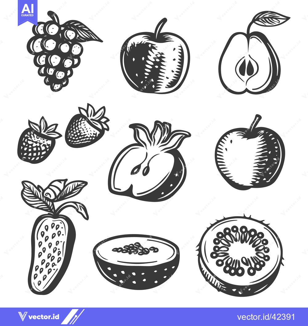 Premium Vector dari A collection of various monochrome illustrations of delicious fruits