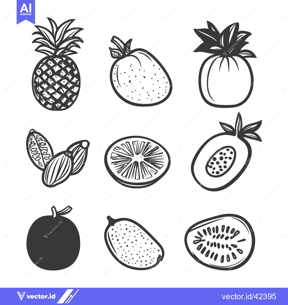 Premium Vector of Black and white illustrations of multiple varieties of fruits