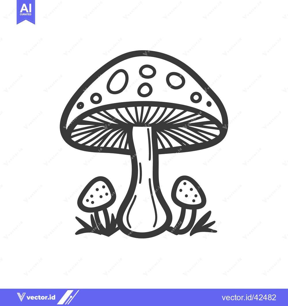 Premium Vector of Simple black and white illustration of various mushrooms in grass