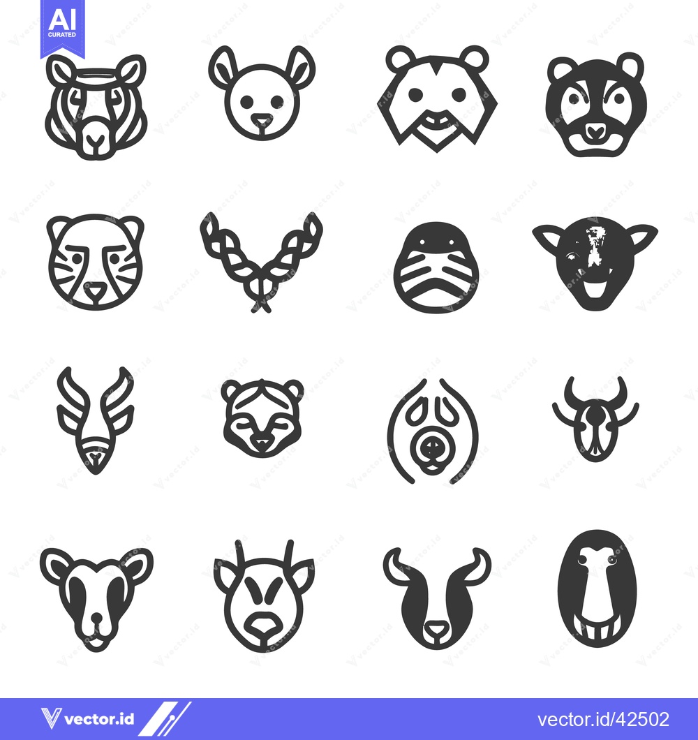 Premium Vector dari Minimalistic illustrations of various animal faces presented in a grid