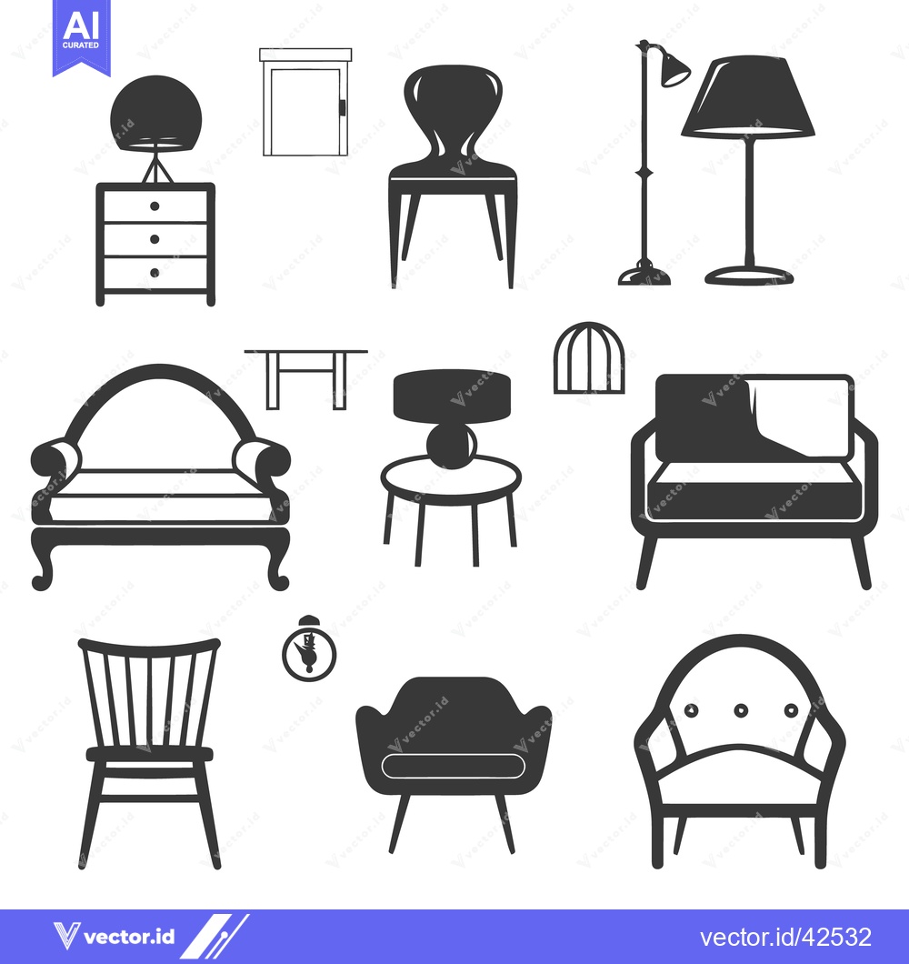 Premium Vector dari Various pieces of stylized furniture are arranged in simple illustrati