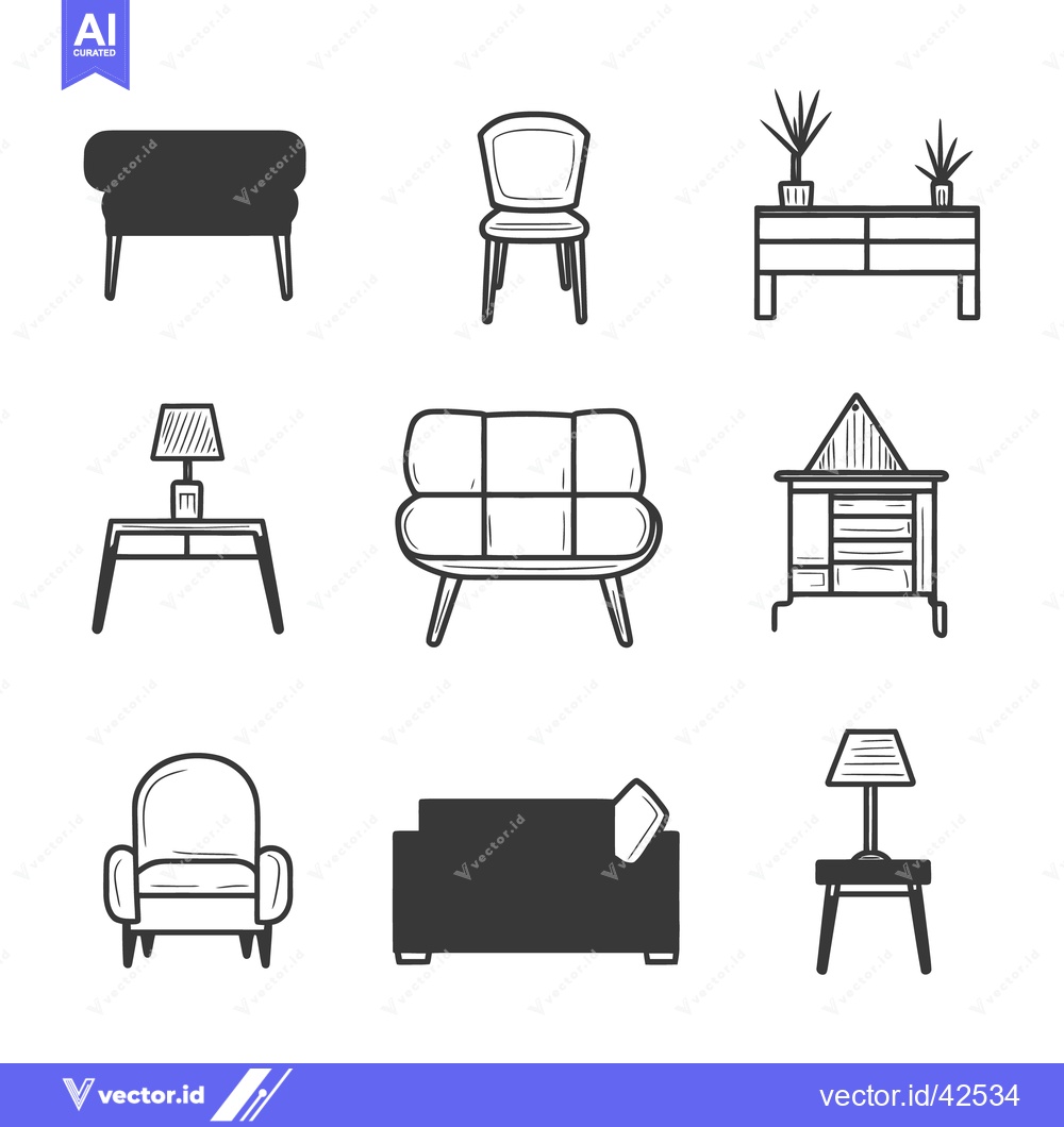 Premium Vector dari Assortment of furniture represented using minimalist black line drawin