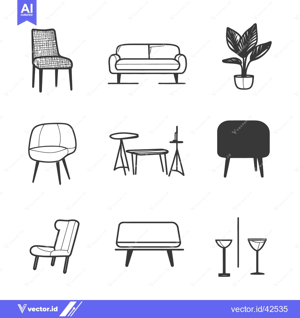 Premium Vector of Various pieces of furniture and decorative elements are presented in t