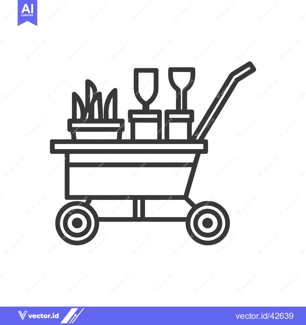 Premium Vector dari Minimalist Outline: Trolley with Plants and Glasses, Clean Design