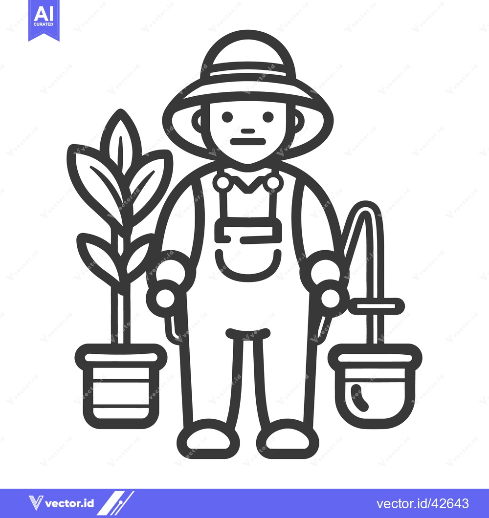 Premium Vector dari A gardener stands with a potted plant and a watering can ready