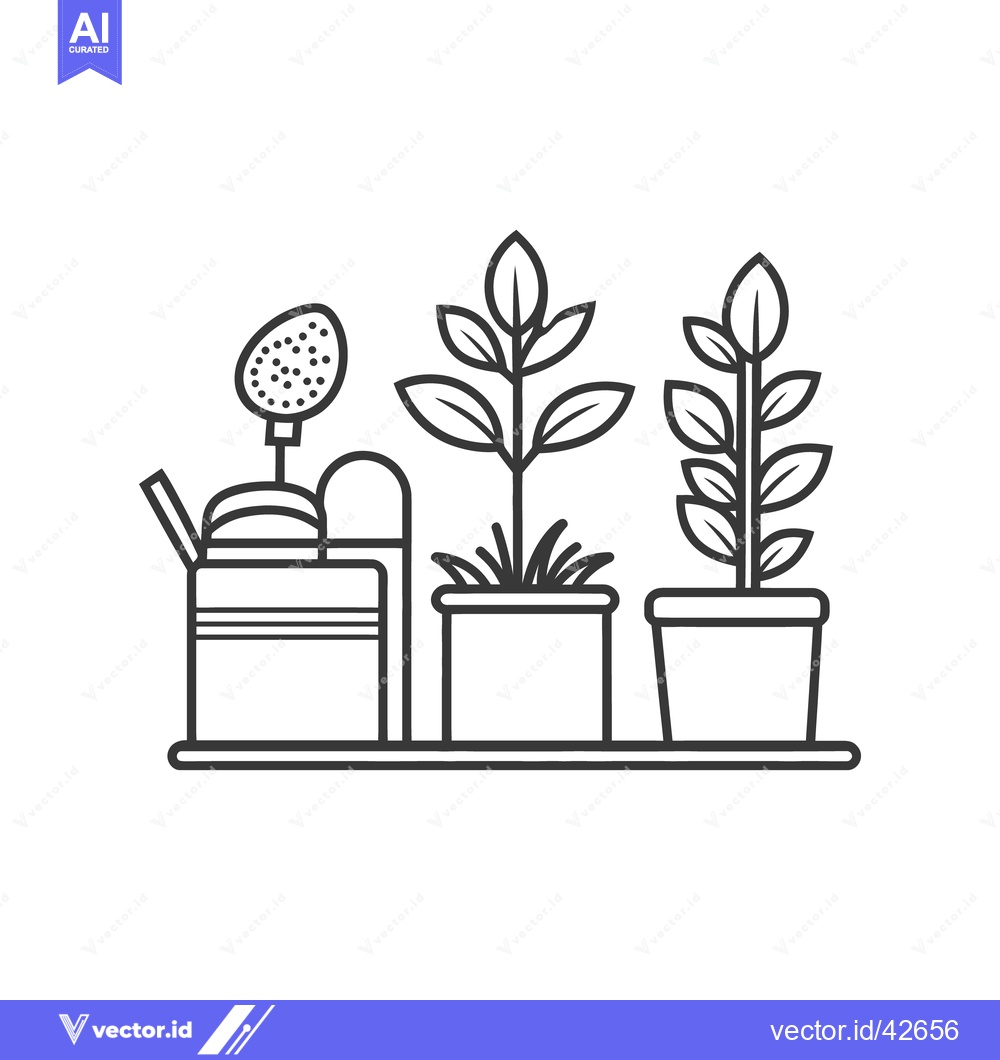 Premium Vector of A line drawing depicts potted plants and a watering can