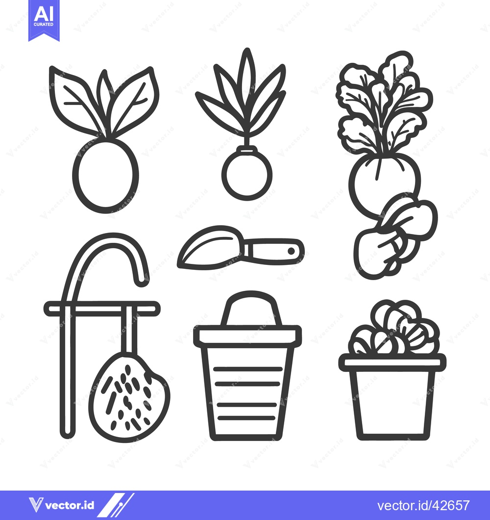 Premium Vector of Illustrated icons depicting gardening supplies and plant life