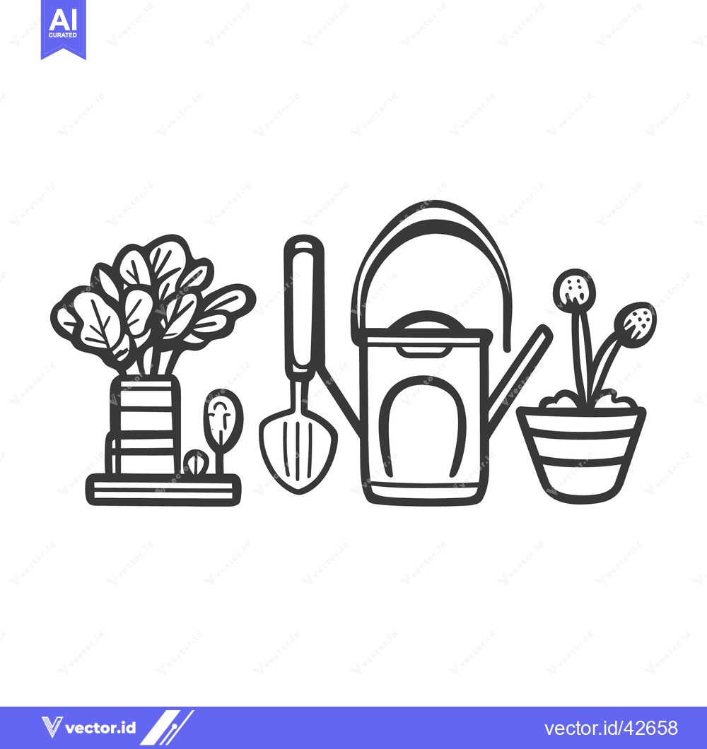 Premium Vector dari A black and white drawing of gardening tools and plants
