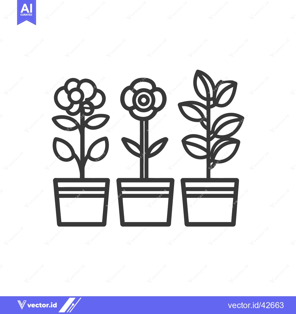 Premium Vector dari Three potted plants with flowers and leaves in a simple line drawing