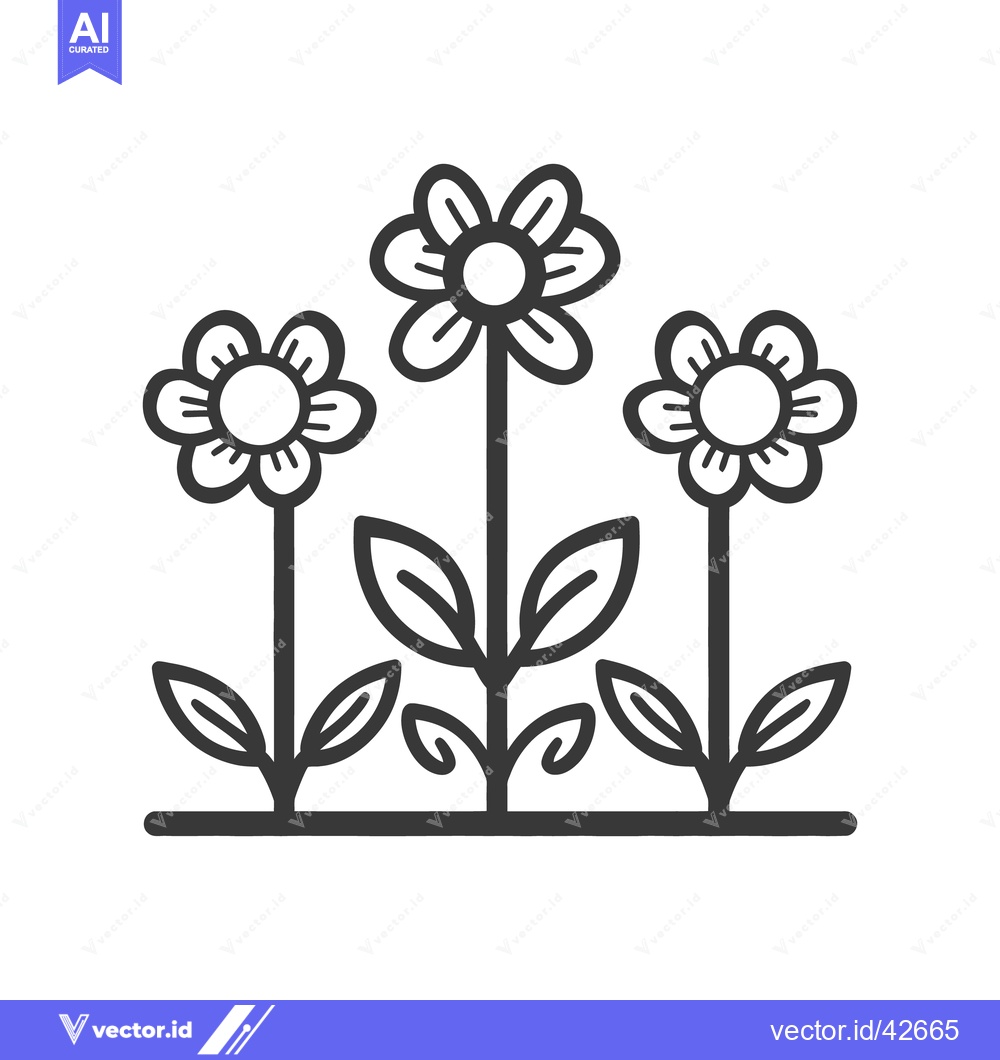 Premium Vector dari Three stylized flowers with leaves and stems appear together in rows