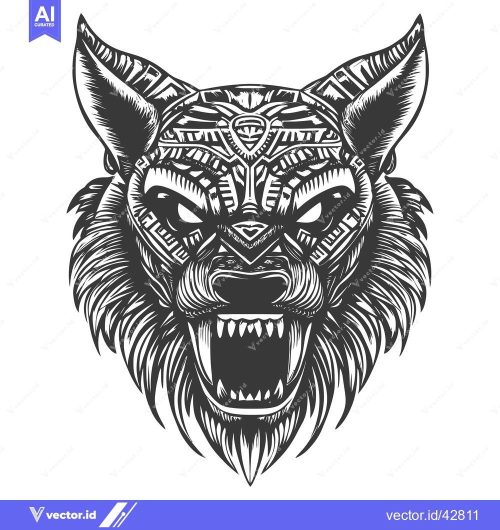 Premium Vector dari Geometrically patterned wolf head with bared teeth