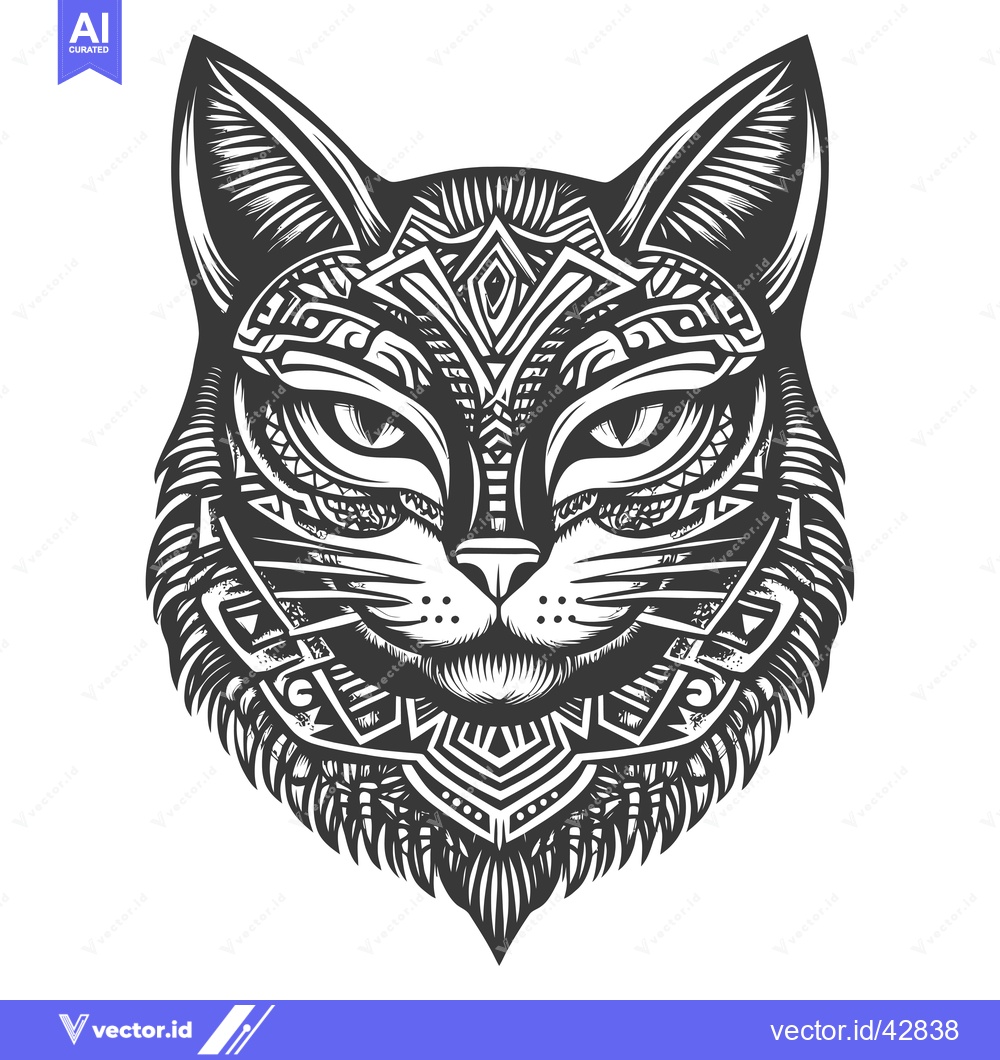 Premium Vector of Geometric Black and White Cat Head with Tribal Pattern