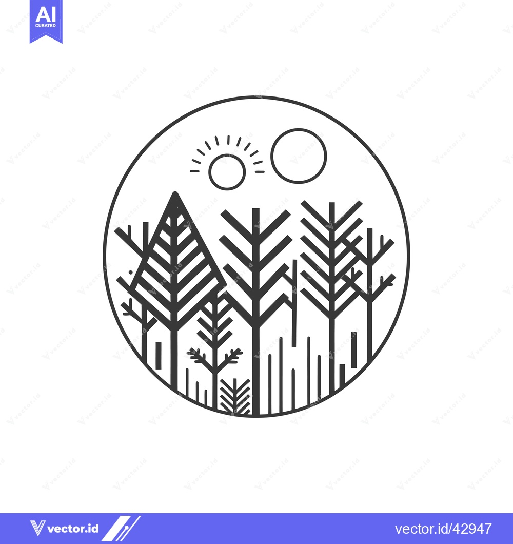 Premium Vector of Geometric Line Art Illustration of a Forest with Sun and Moon