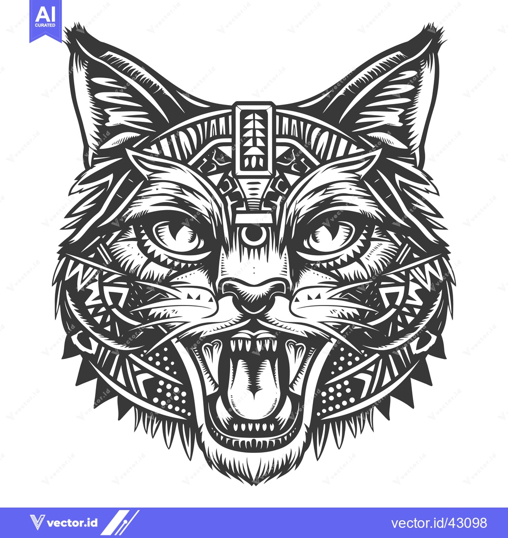 Premium Vector of Geometric Patterned Feline with Open Mouth and Teeth