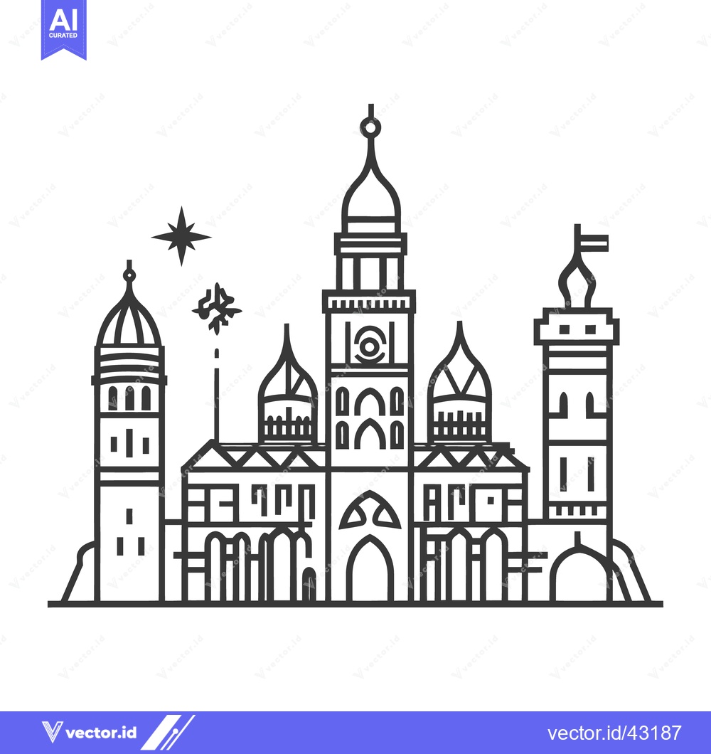 Premium Vector dari A vector line drawing illustrating a fantastical castle complex at nig