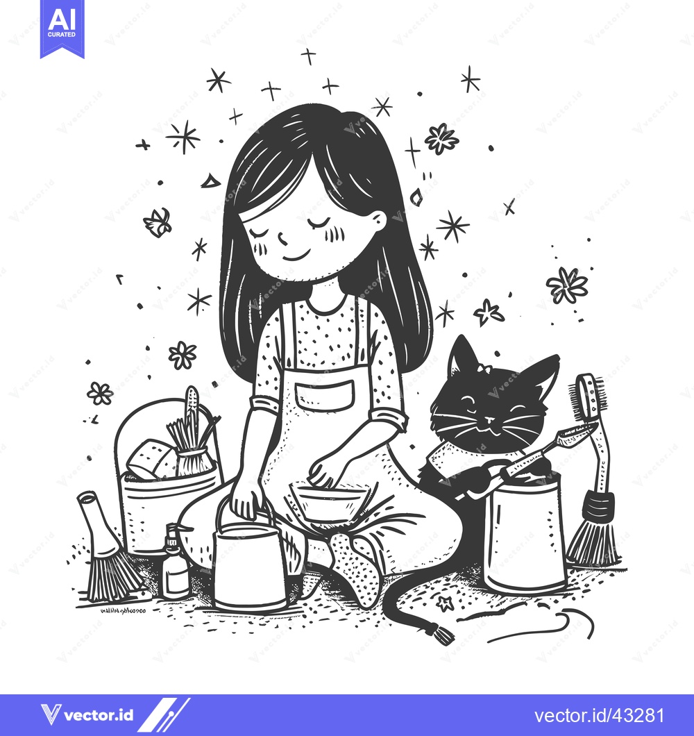 Premium Vector of Girl and Cat Gardening with Tools and Supplies