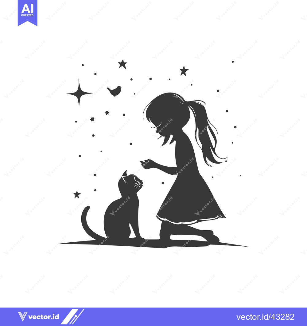 Premium Vector of Girl and Cat Silhouettes with Stars and Bird
