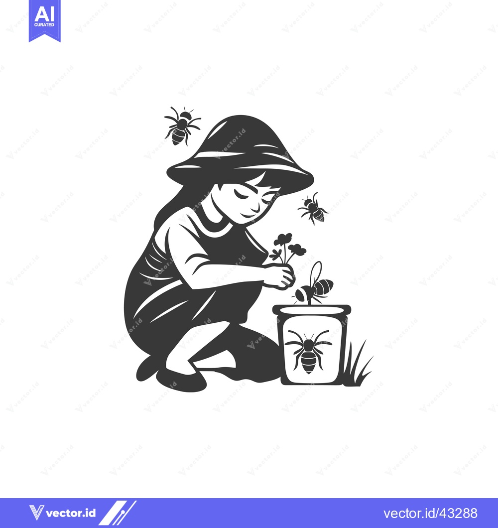 Premium Vector dari Girl collecting honey with a bucket from bees and flowers