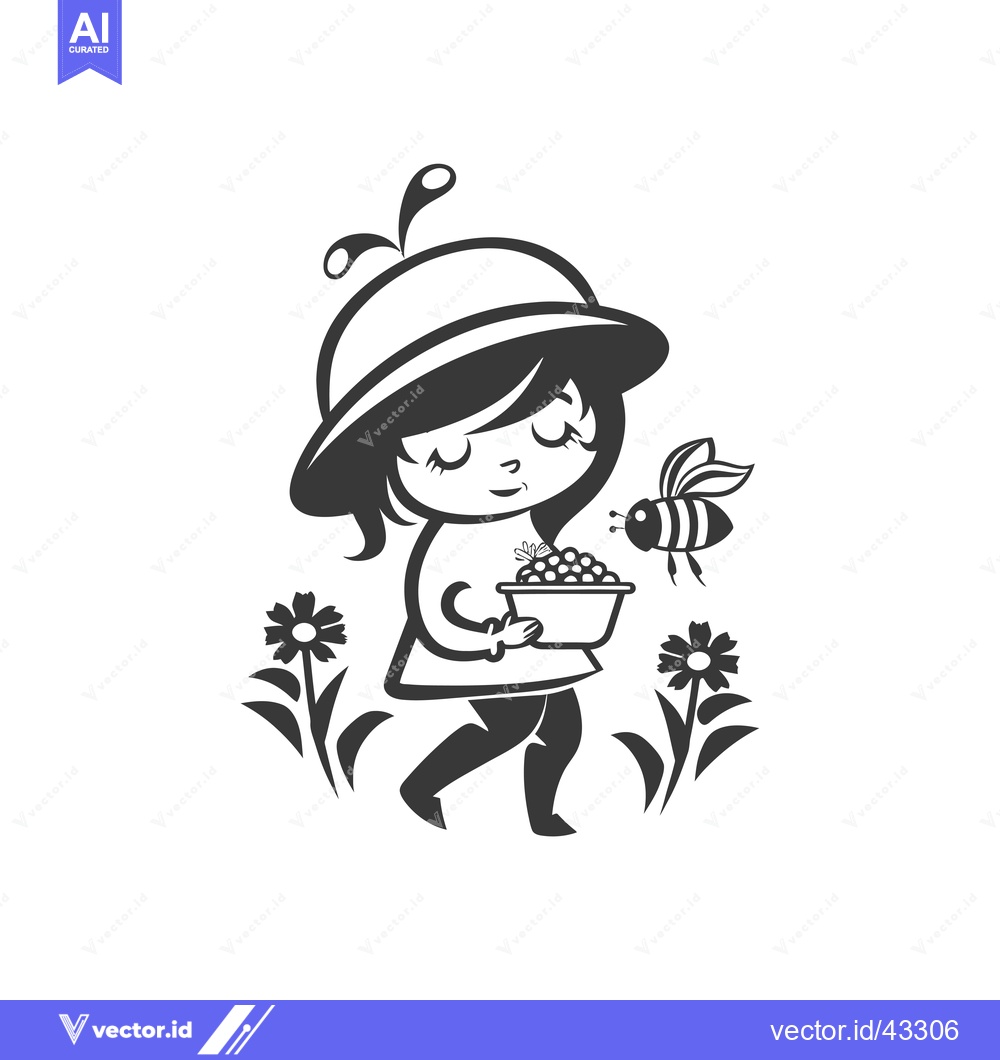 Premium Vector of Girl in a hat holding a bowl of berries with a bee nearby