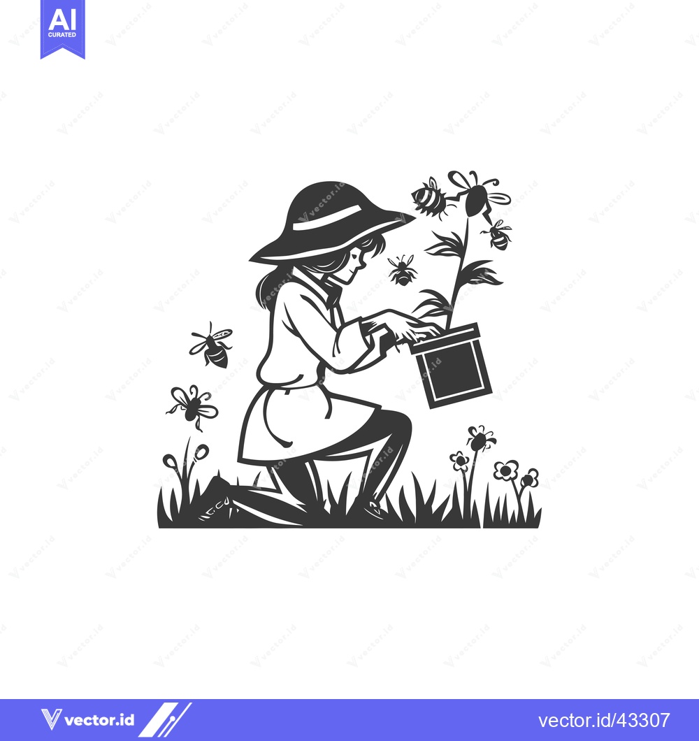 Premium Vector of Girl in a Hat Kneeling Near Bees and Flowers in a Pot
