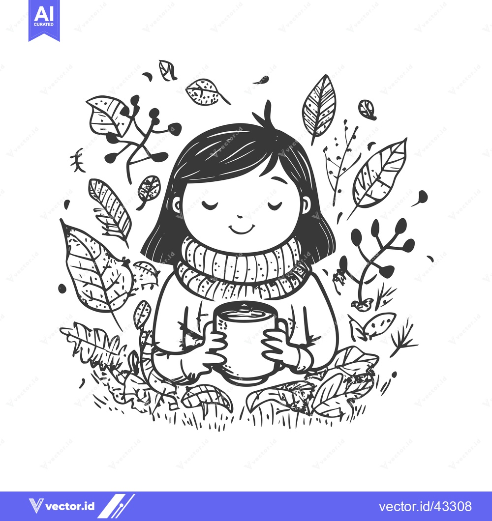 Premium Vector of Girl in a Sweater Drinking Hot Beverage Surrounded by Autumn Leaves