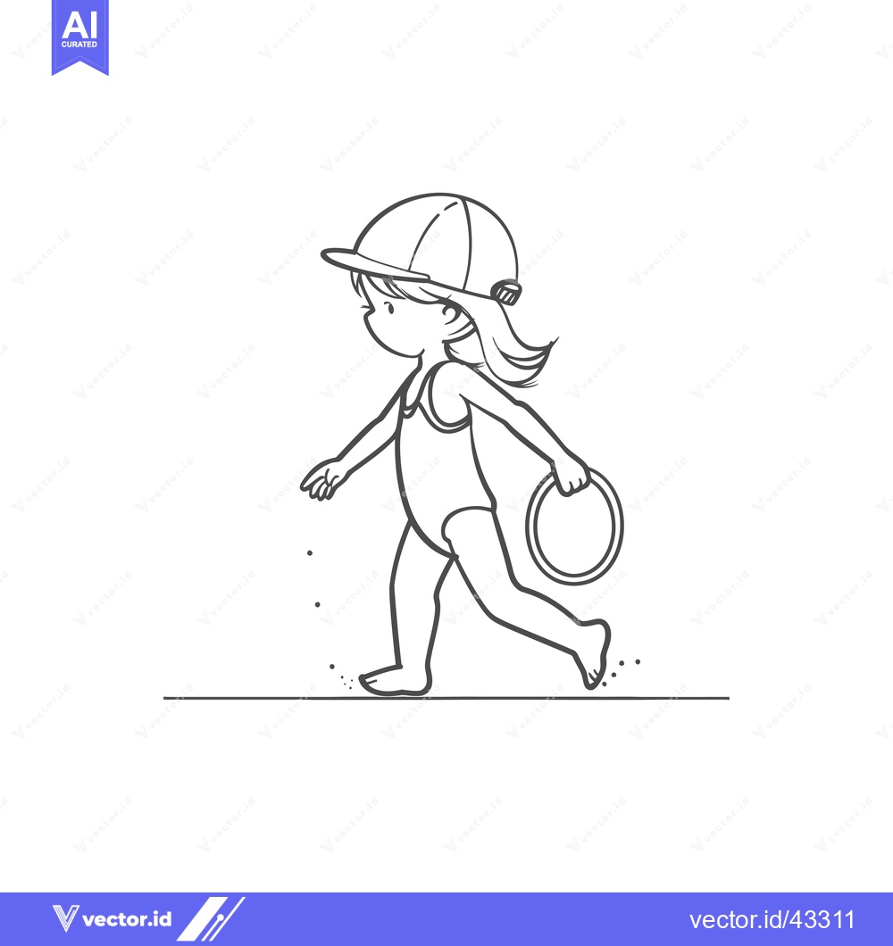 Premium Vector dari Girl in swimsuit and hat walking on beach with a ring