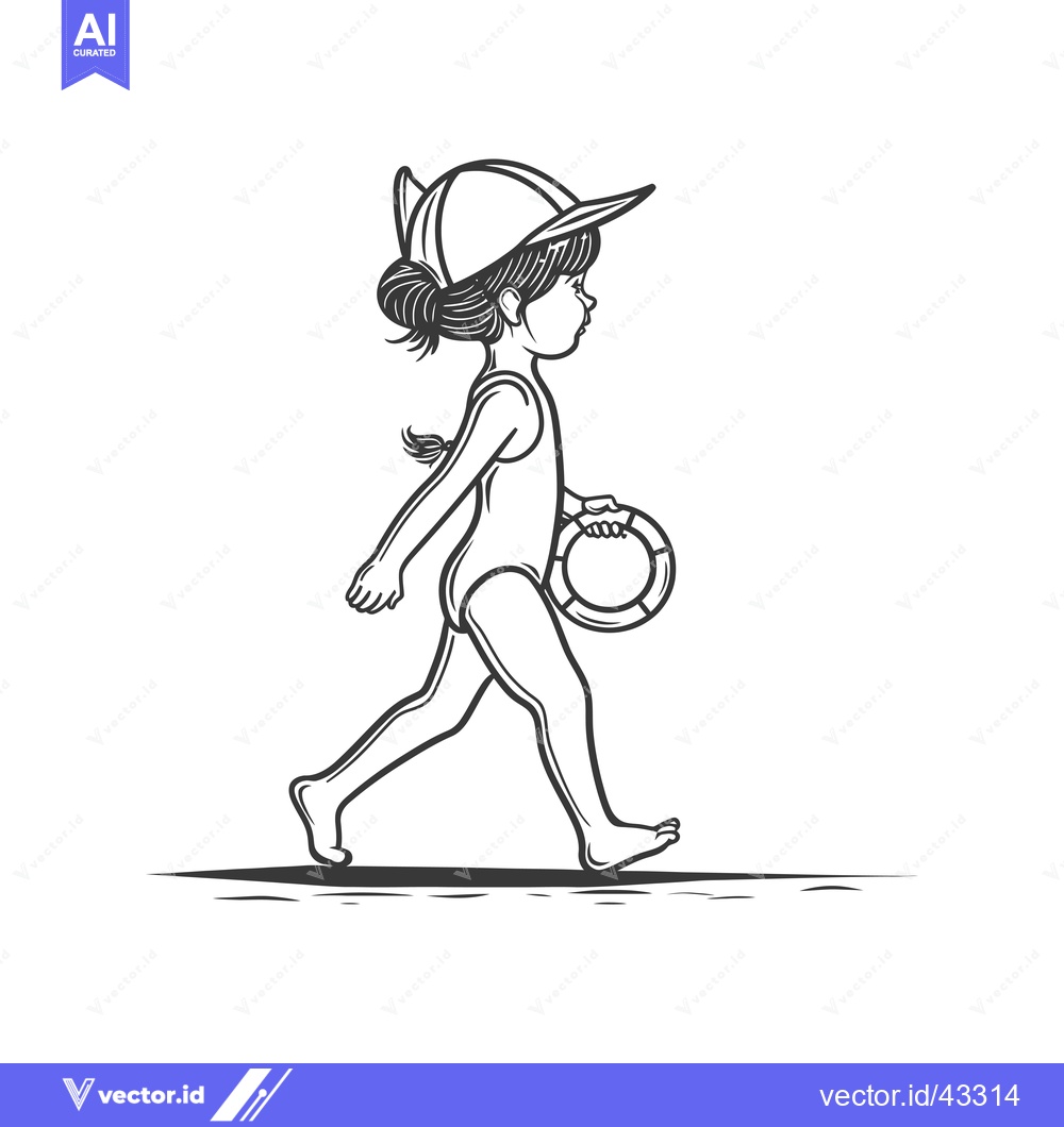 Premium Vector dari Girl in Swimsuit Walking on Beach with Life Preserver